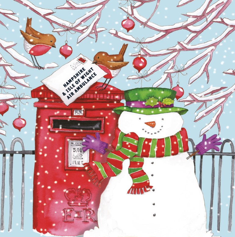 A snowman and two robins are posting a letter to Hampshire and Isle of Wight Air Ambulance at a red post box. 