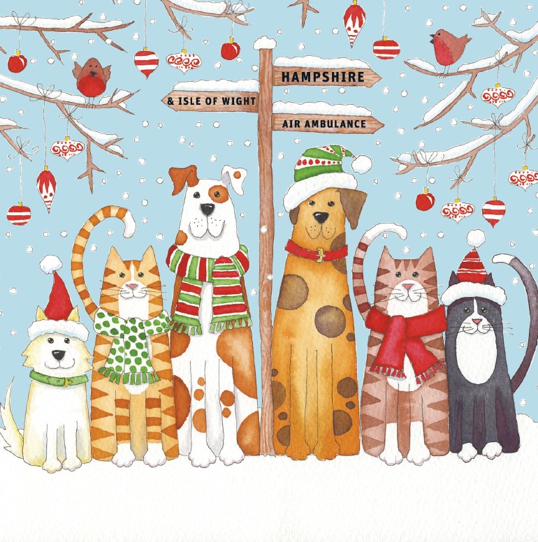 Cartoon festive cats and dogs sit underneath a wooden signpost for Hampshire and Isle of Wight Air Ambulance