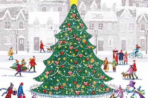 Charity Christmas cards featuring a people ice skating around a Christmas tree