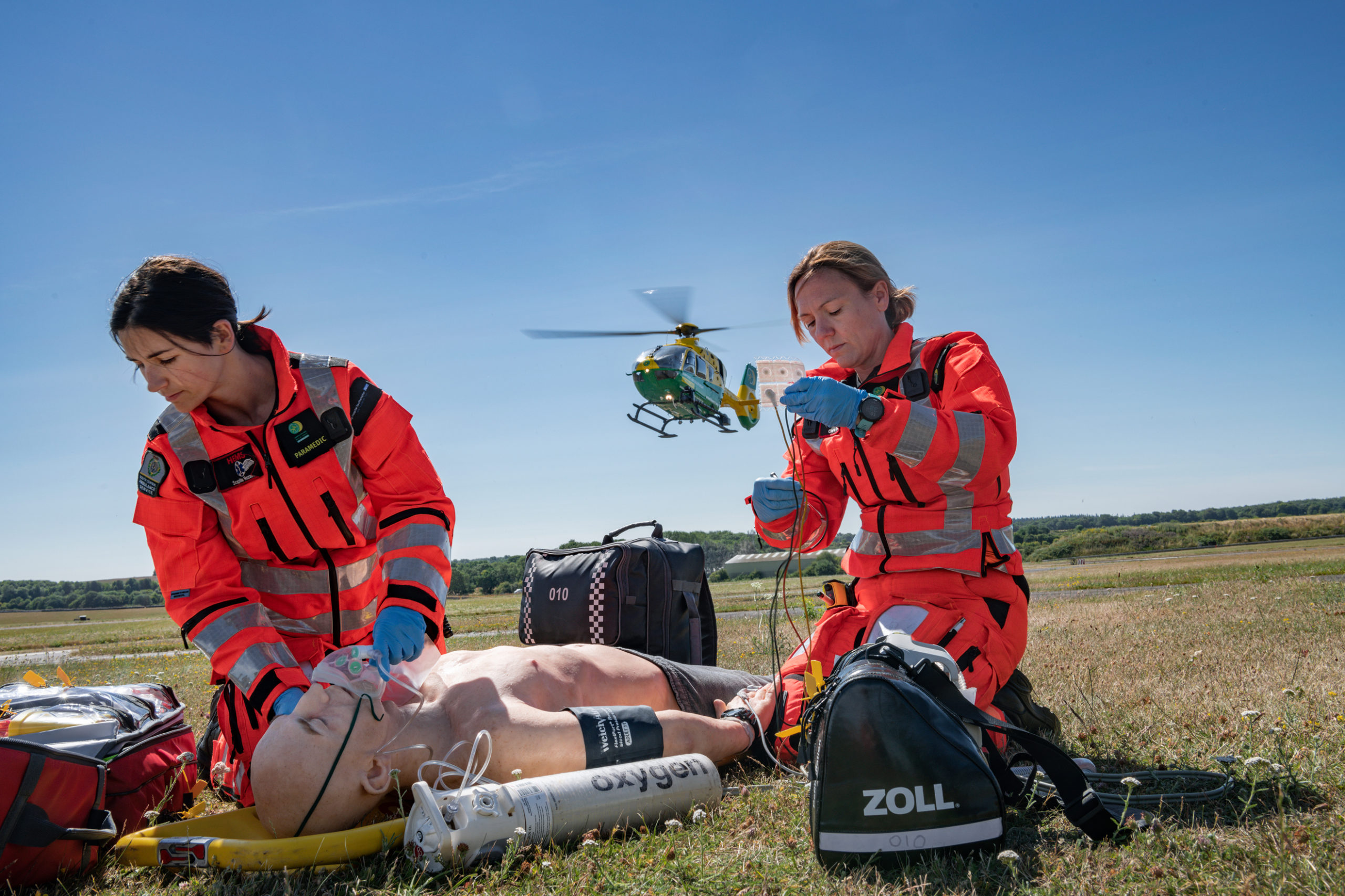 HEMS Paramedic's Clare Fitchett and Sophia Rozario taking part in a training simulation.