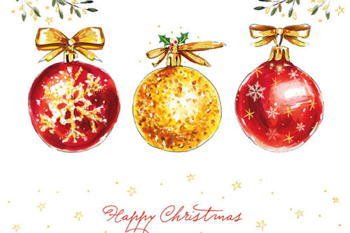 Three baubles are displayed on the front of a Christmas card. They are red and gold. Mistletoe is in each top corner and a robin is resting on a branch. The message 'Happy Christmas' is at the bottom of the card surrounded by yellow/gold stars