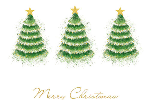 Three green fir trees are on the front of this Christmas card. Each have a gold star on top and mini gold stars decorating the trees. The message 'Merry Christmas' is in gold underneath the trees