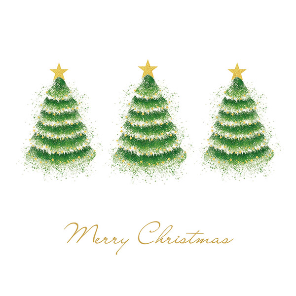 Three green fir trees are on the front of this Christmas card. Each have a gold star on top and mini gold stars decorating the trees. The message 'Merry Christmas' is in gold underneath the trees