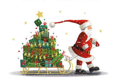 Santa is pulling a gold sleigh behind him. The sleigh has green presents stacked in the shape of a Christmas tree. The message 'Happy Christmas' is in red at the top of the card.