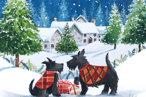 Two black Scottie dogs are in the snow. They are wearing tartan jackets and each have a present in front of them. There is a wintry village scene in the background, Christmas trees to the side and a blue, snowy sky.