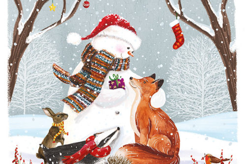 A snowman is cuddling a fox. A badger, a rabbit, a hedgehog and a robin are also in the picture. They are in a snowy forest setting.