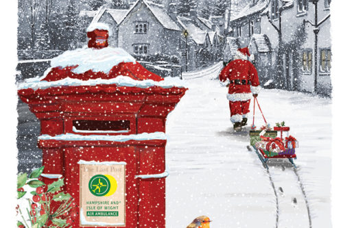 Father Christmas is in colour and walking towards a black and white snowy village. The only other colour on this card is a red post box which has the charity logo on, and a robin sat on a Christmas branch just in front of the post box.