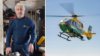 A man stood looking at the camera on the left. A helicopter in flight on the right.