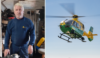 A man stood looking at the camera on the left. A helicopter in flight on the right.