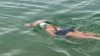 A person open water swimming. She is wearing a white swim cap with Hampshire and Isle of Wight Air Ambulance emblazoned on it.